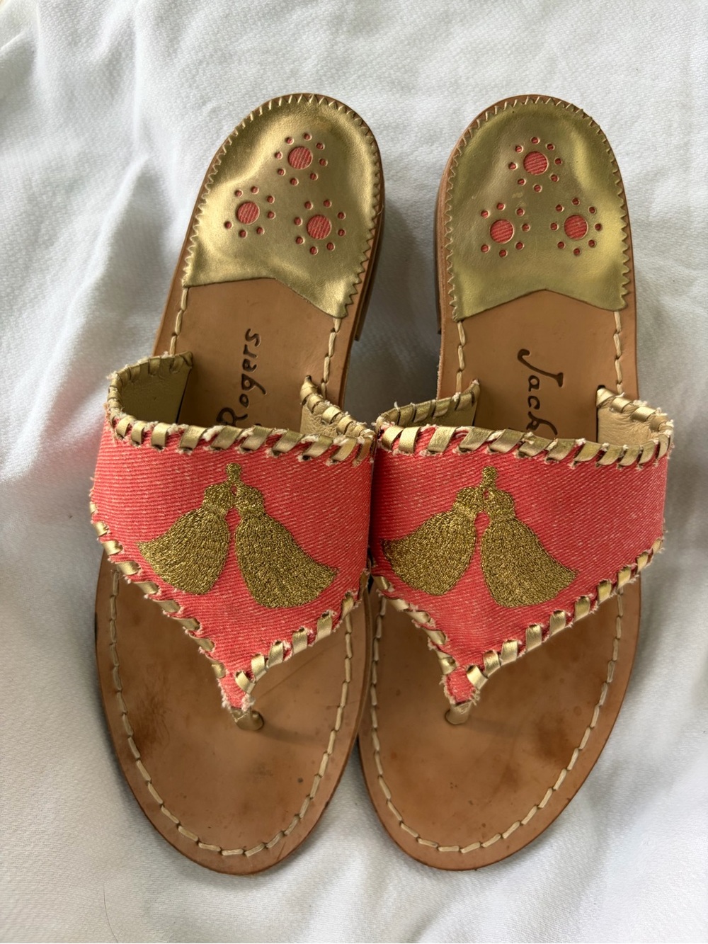 Jack Rogers Coral and Gold Thong Slide Sandals size 7.5